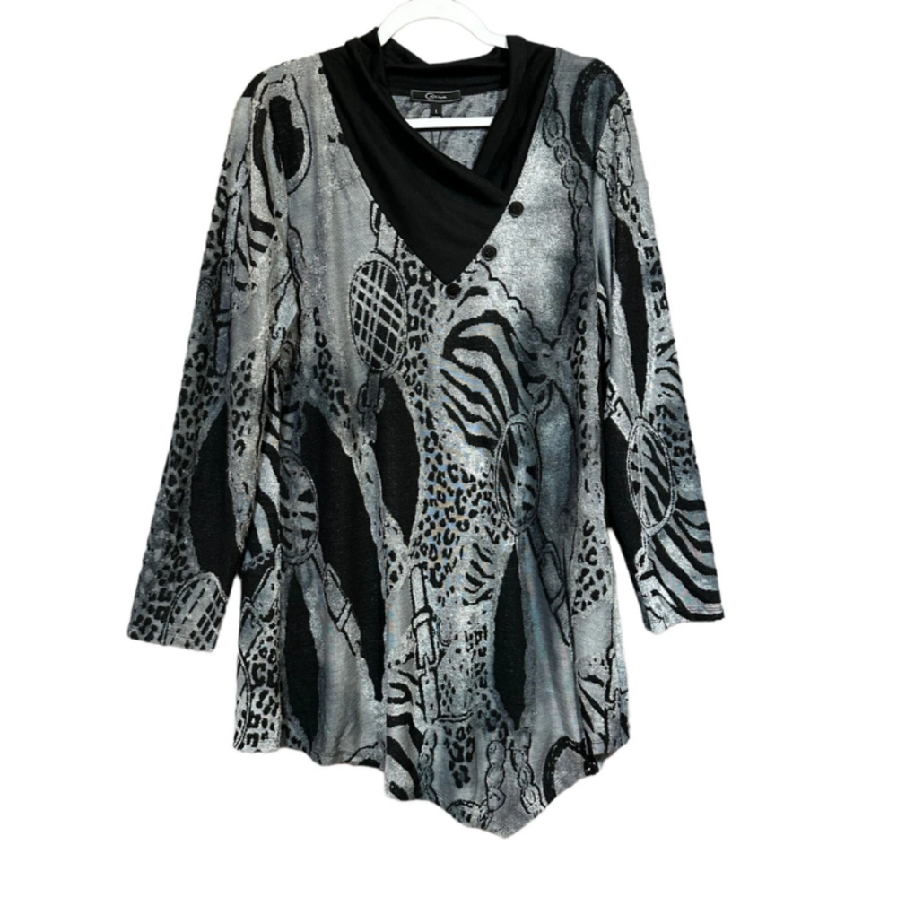 Cativa Tunic Top Womens Large Mixed Media Patchwork Long Sleeve Lagenlook NEW